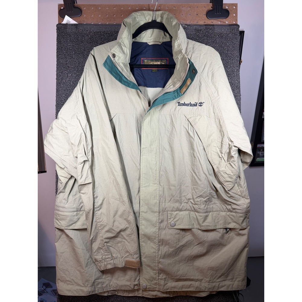 Timberland Windbreaker Jacket Mens Large Tan Teal Vintage Full Zip Hooded Coat